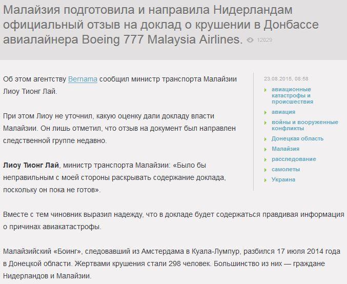 Малайзия направила Нидерландам отзыв на доклад о крушении Boeing