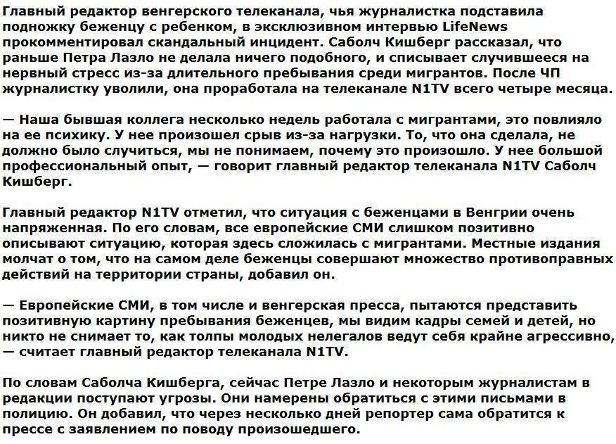 Главред венгерского канала рассказал, за что репортер толкнула беженца