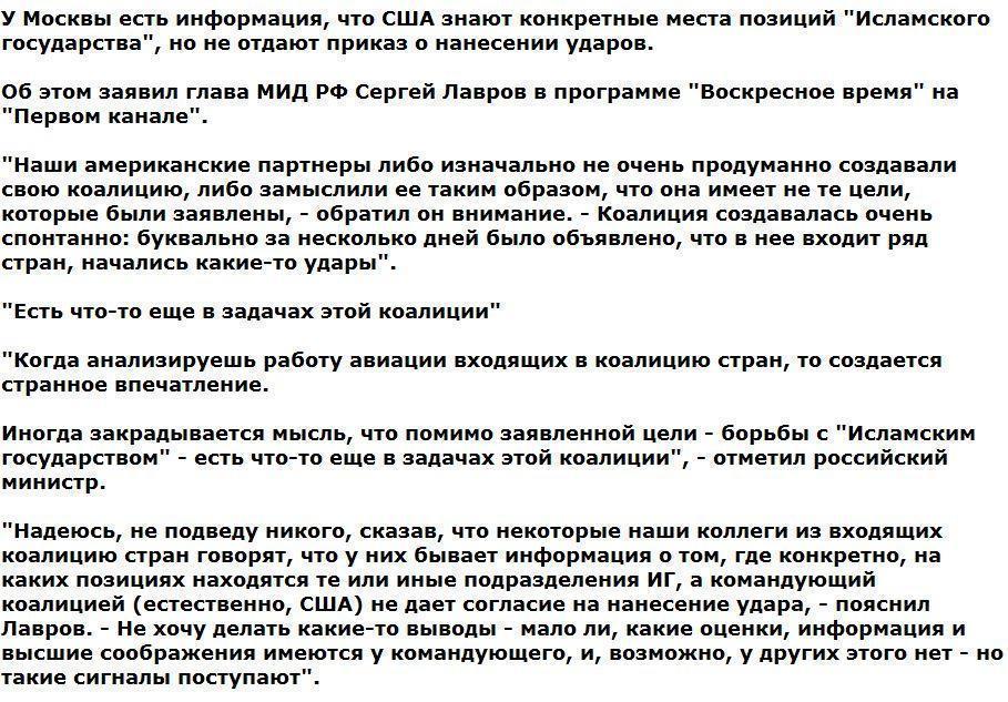 Лавров: у РФ есть данные, что США знают позиции ИГ, но не бомбят их