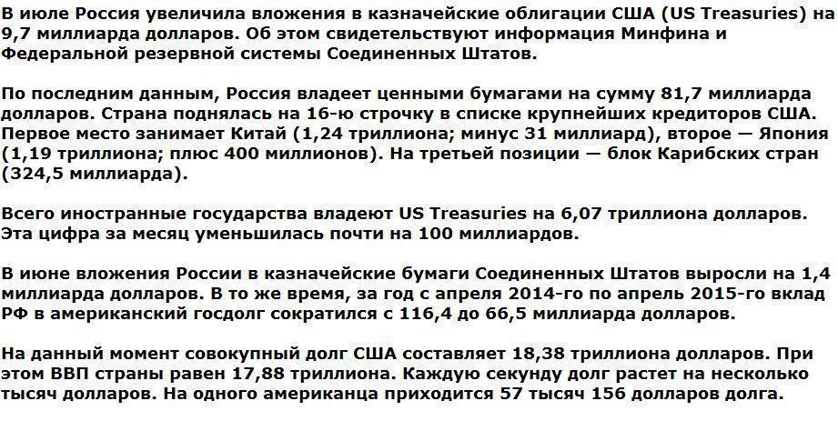 Россия вложила в госдолг США еще 10 миллиардов долларов