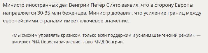 Глава МИД Венгрии: В Европу направляется 35 млн беженцев