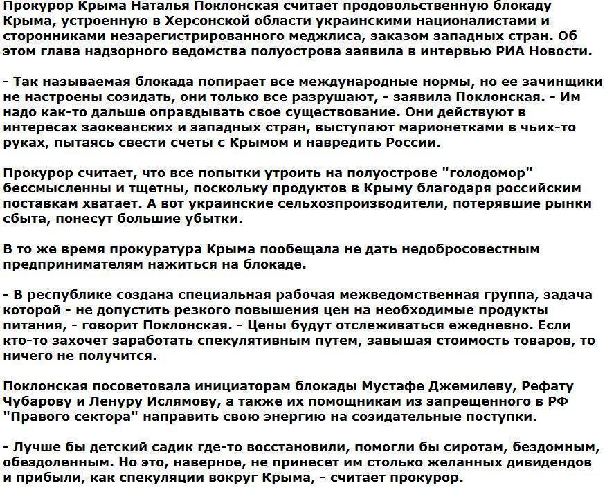 Поклонская назвала заказчиков блокады Крыма