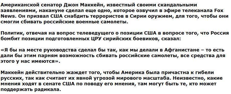 Джон Маккейн призвал дать боевикам оружие, чтобы они сбивали русские самолеты