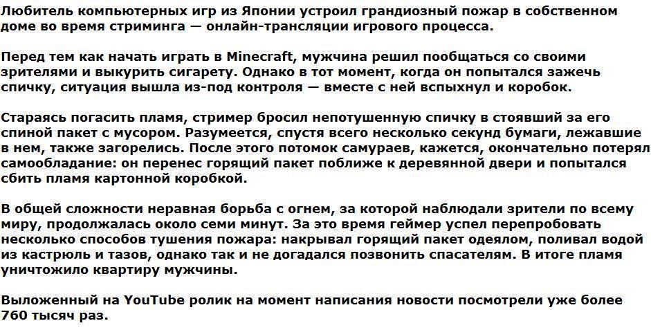 Японский геймер случайно сжег свой дом в прямом эфире