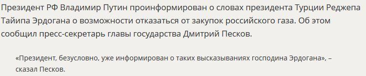 Дмитрий Песков прокомментировал заявление президента Турции об отказе от российского газа