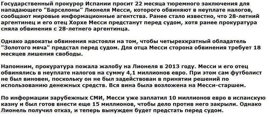 СМИ: Прокурор Испании просит для Месси 22 месяца тюрьмы