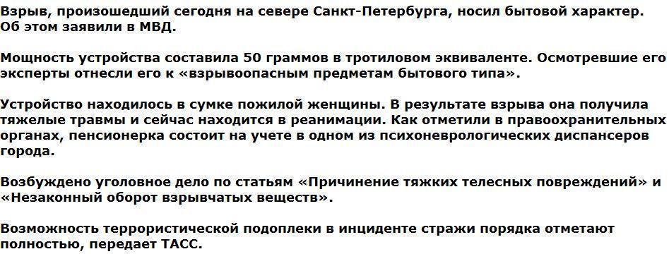 Взрыв в Петербурге устроила душевнобольная пенсионерка