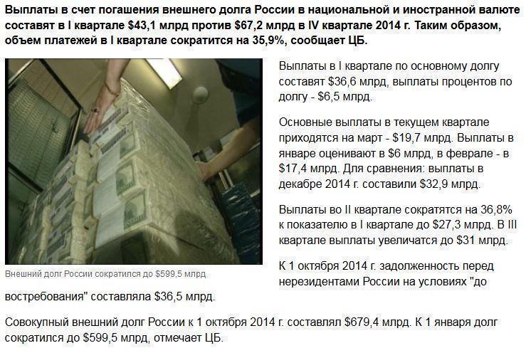 Внешний долг России сократился до $599,5 млрд