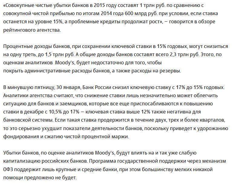 Moody's оценило убытки российских банков из-за ключевой ставки в 15%