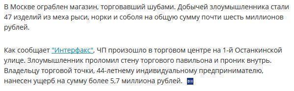 В Москве грабитель проломил стену магазина и украл 47 шуб