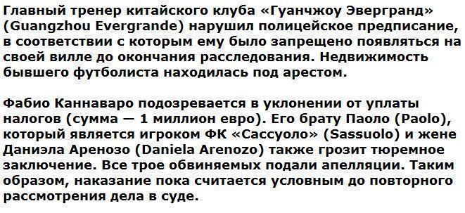 Экс-футболист сборной Италии Фабио Каннаваро приговорен к 10 месяцам тюрьмы