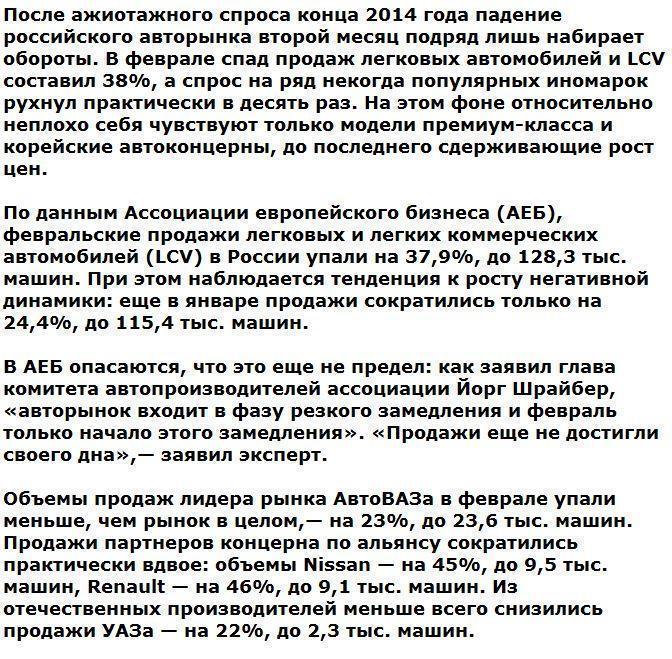 Продажи легковых автомобилей в России упали на 38%