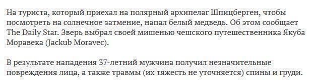 На наблюдавшего за затмением туриста на Шпицбергене напал белый медведь