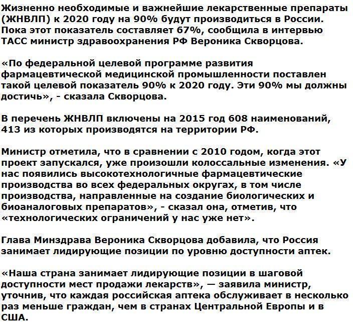 Скворцова: к 2020 году важнейшие лекарства на 90% будут производиться в РФ