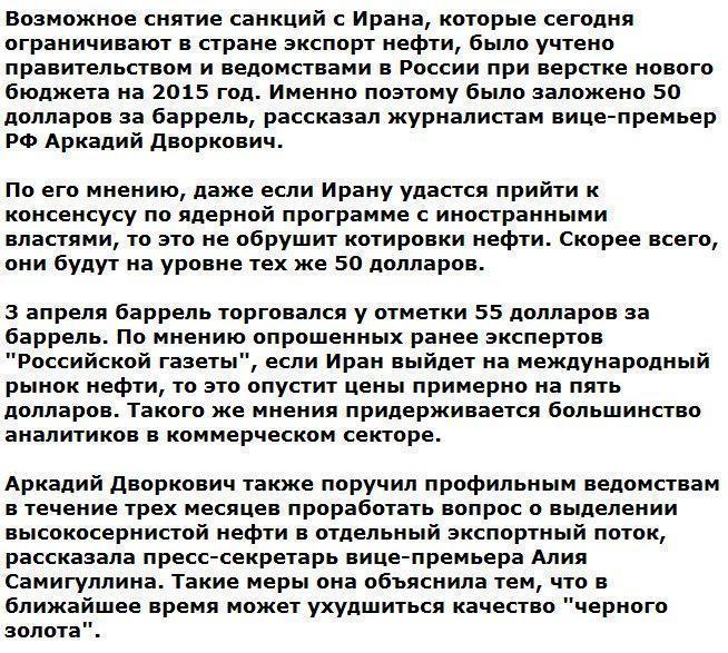 Дворкович: Снятие санкций с Ирана не обвалит цены на нефть