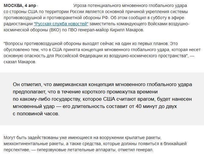 Угроза глобального удара США является основной для российской ВКО