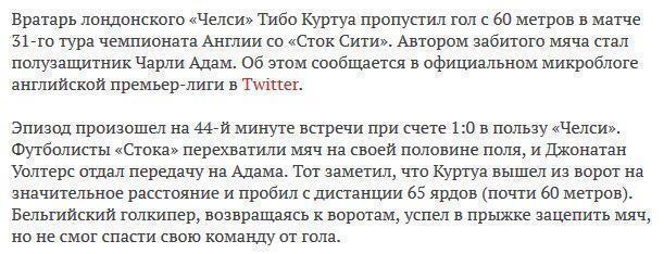 Вратарь «Челси» пропустил гол с 60 метров