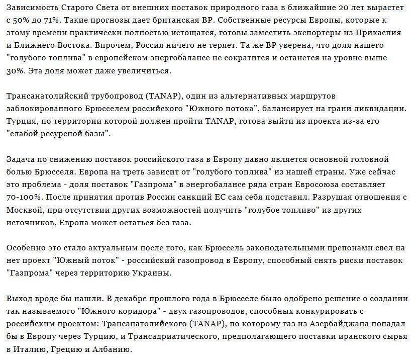 Зависимость Европы от российского газа будет только расти