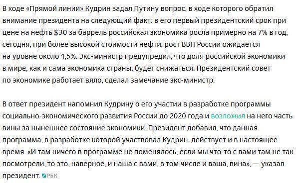 Кудрин заявил о неготовности Путина отвечать на вызовы в экономике