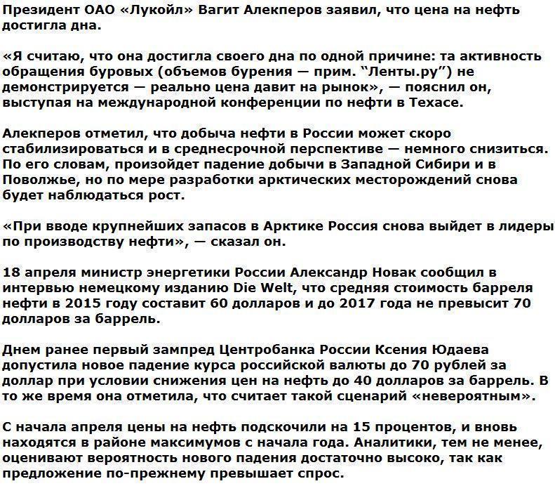 Президент ОАО «Лукойл» рассказал о завершении падения цен на нефть