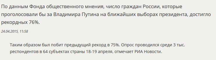 Электоральный рейтинг Владимира Путина побил новый рекорд