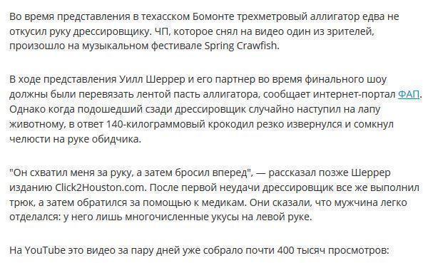 Крокодил едва не откусил руку дрессировщику, наступившему ему на лапу