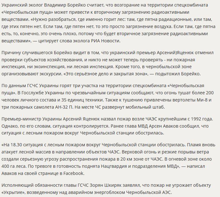 Эколог: Пожар в «Чернобыльской пуще» может привести к загрязнению радиоактивными веществами