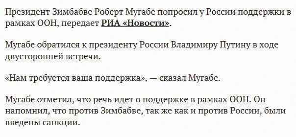 Президент Зимбабве попросил у России поддержки в рамках ООН