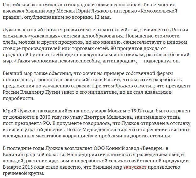 Лужков назвал российскую экономику «антинародной»