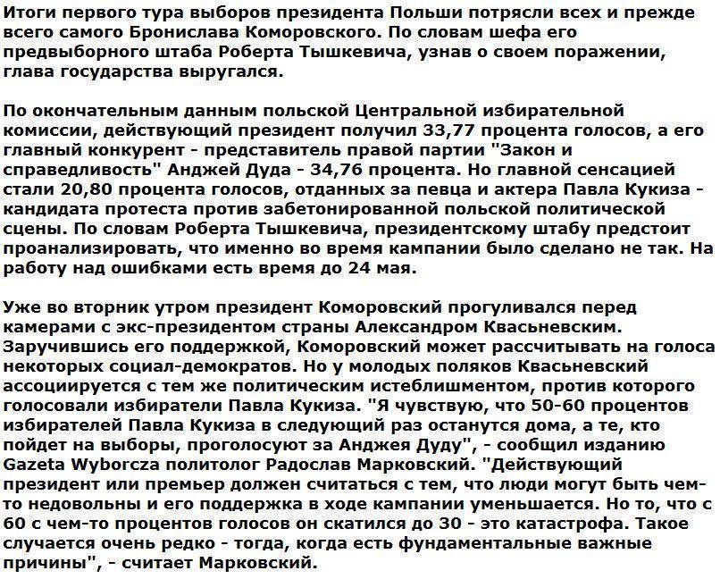 Узнав о своем поражении в первом туре, президент Польши выругался