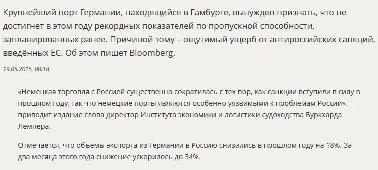 СМИ: Крупнейший порт Германии терпит убытки из-за санкций против России