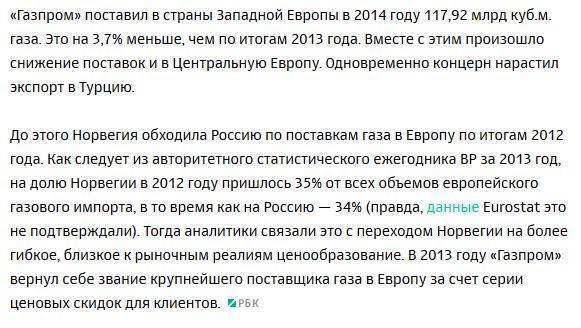 Норвегия опередила Россию по газовым поставкам в Западную Европу