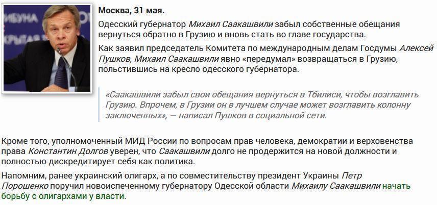 Пушков: Саакашвили способен возглавить только колонну заключенных