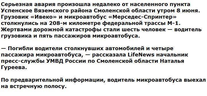 Шесть человек погибли в ДТП в Смоленской области