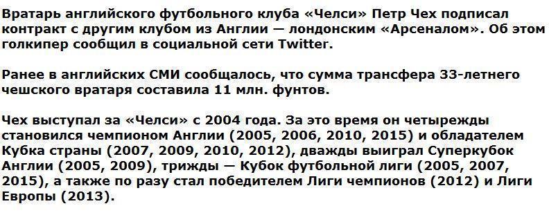 Вратарь ФК «Челси» Петр Чех объявил о переходе в другой клуб