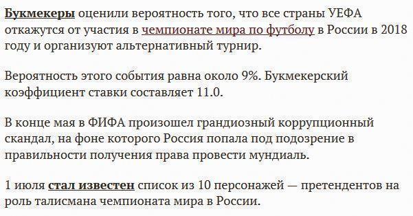 Букмекеры оценили вероятность бойкота ЧМ-2018 по футболу в России