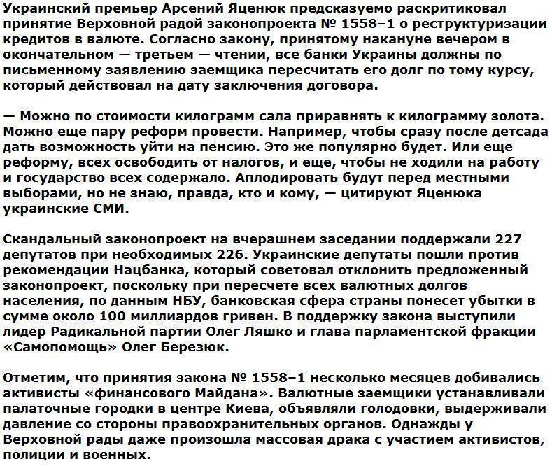 Яценюк о валютных кредитах: Можно и сало к золоту приравнять