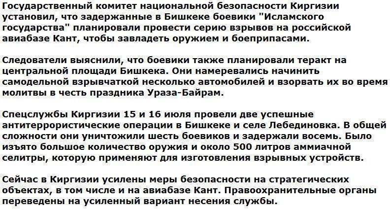 "Исламское государство" планировало взорвать российскую базу в Киргизии