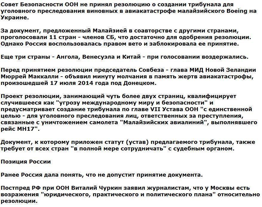 РФ наложила вето на резолюцию о создании трибунала по авиакатастрофе Boeing на Украине