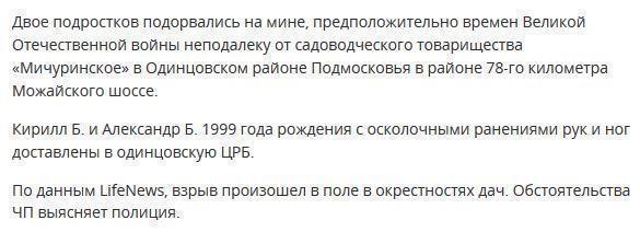 Двое подростков подорвались на мине, играя в поле в Подмосковье