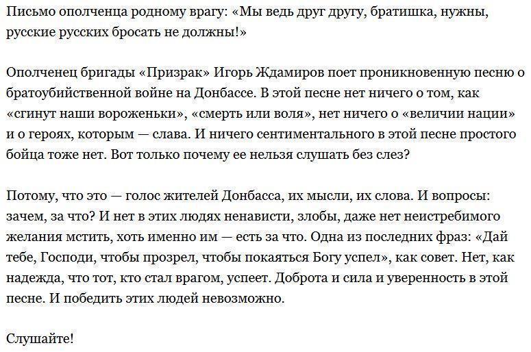 Письмо ополченца родному врагу: «Мы ведь друг другу, братишка, нужны, русские русских бросать не должны!»