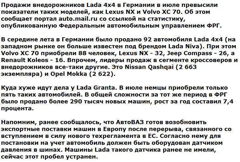 Lada обогнала по продажам в Германии Lexus и Volvo